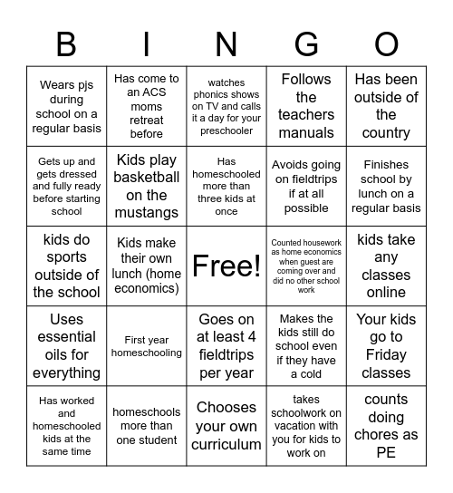 Home School Mom Bingo Card