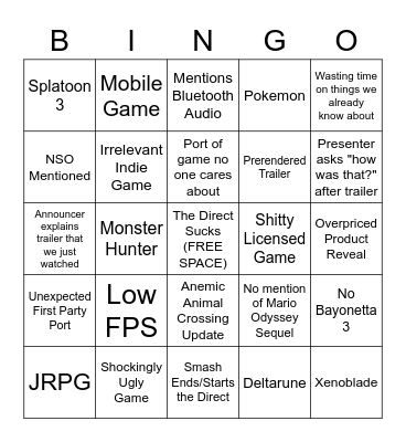 Nintendo Direct Bindo 9/23 Bingo Card