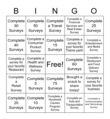 HundredX Fundraiser Bingo Card