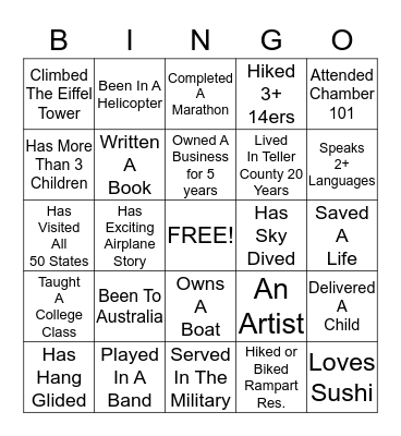 Greater Woodland Park Chamber Networking BINGO Card