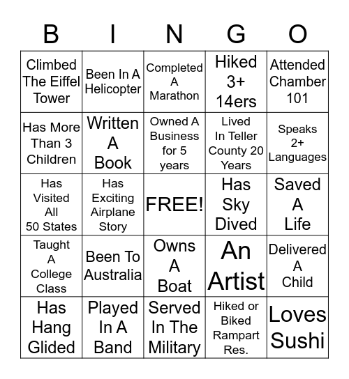 Greater Woodland Park Chamber Networking BINGO Card