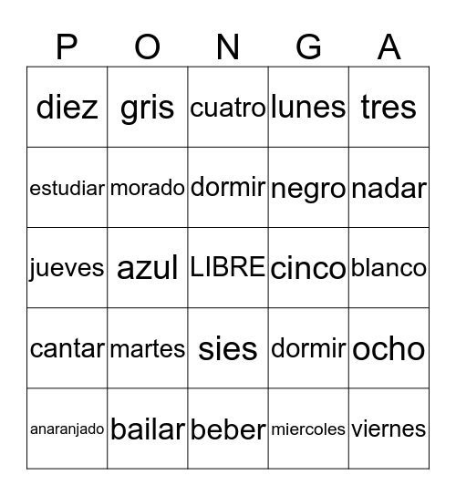 PONGA Bingo Card