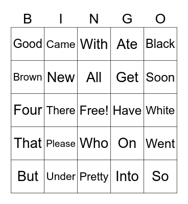 Sight Words Bingo Card