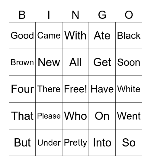 Sight Words Bingo Card
