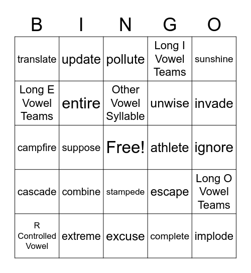 vowel consonant e two syllable Bingo Card
