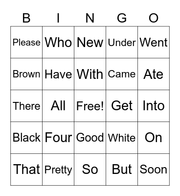 Sight Words Bingo Card