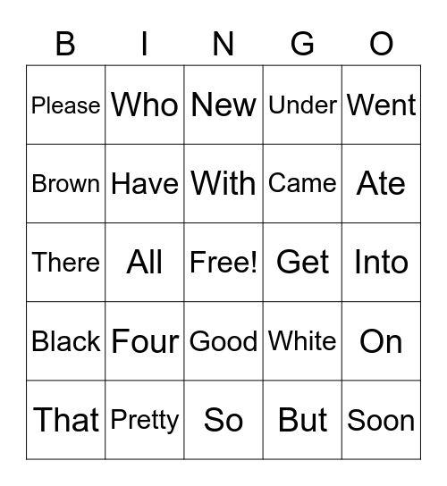 Sight Words Bingo Card