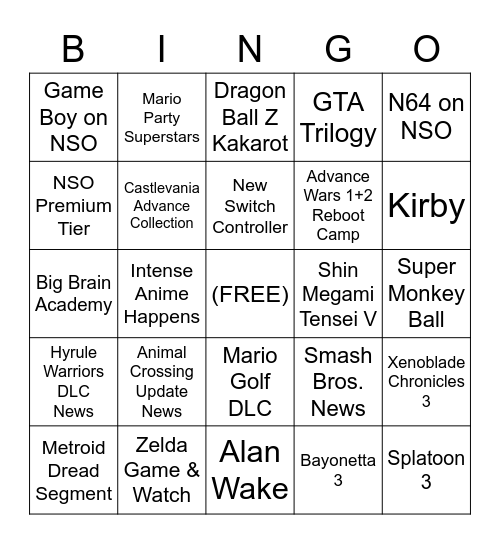 September Nintendo Direct Bingo Card