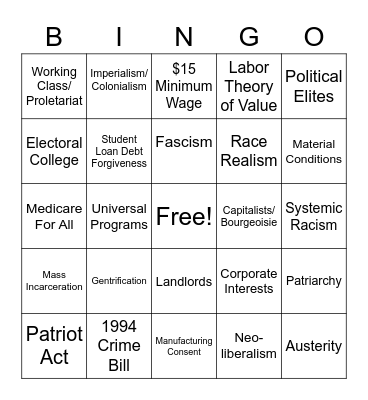 Leftist Buzzwords Bingo Card