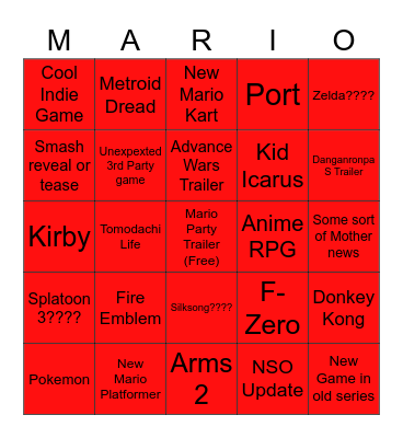 Nintendo Direct 9/23/21 Bingo Card