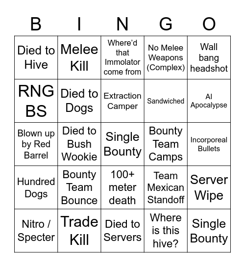 Hunt: Showdown Bing Bingo Card