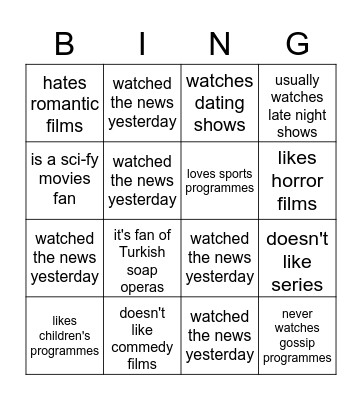 Cinema and TV - Find someone who... Bingo Card