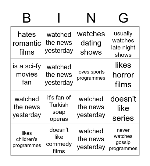 Cinema and TV - Find someone who... Bingo Card