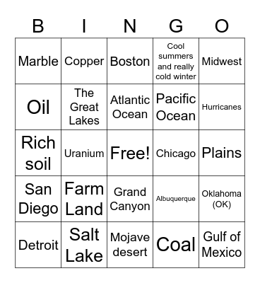 5 Region of the United States Bingo Card