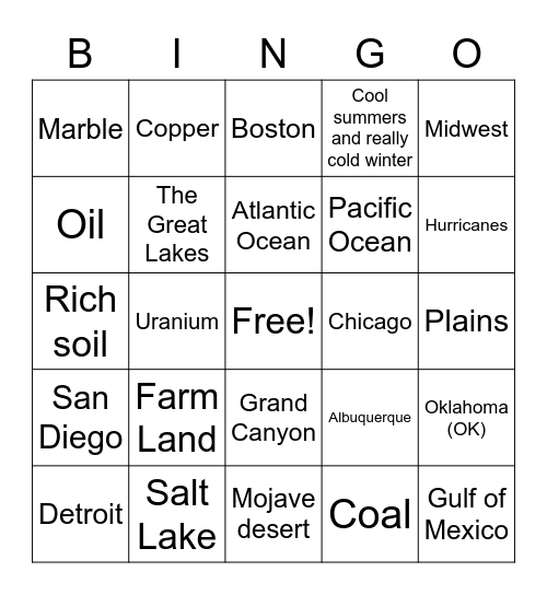 5 Region of the United States Bingo Card