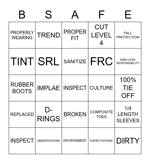 PPE SAFETY BINGO Card