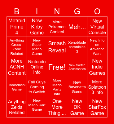 Nintendo Bingo Direct Bingo Card