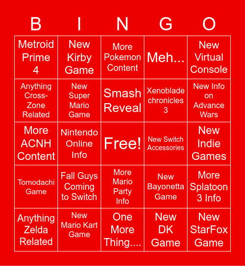 Nintendo Bingo Direct Bingo Card