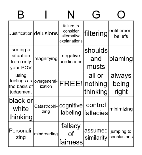 Cognitive Distortion Bingo  Bingo Card