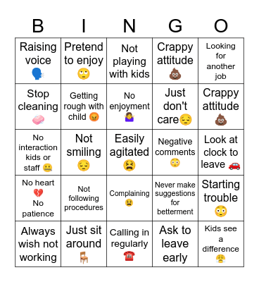 Daycare Burnout Bingo Card