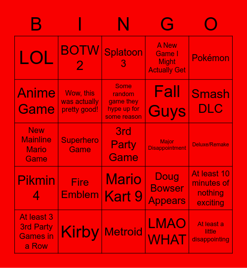 Nintendo Direct September 2021 Bingo Card