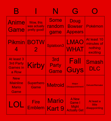 Nintendo Direct September 2021 Bingo Card