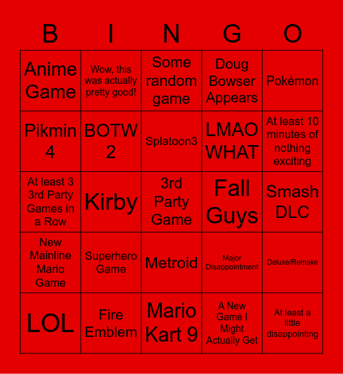 Nintendo Direct September 2021 Bingo Card