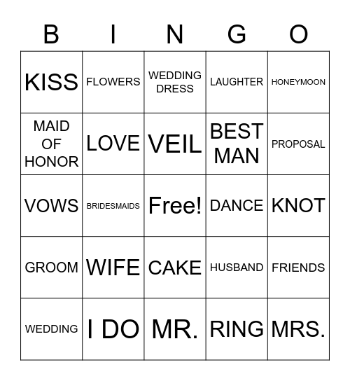 Amy's Bridal Shower Bingo Card