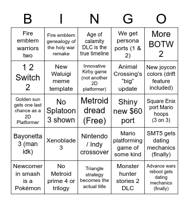 Ryan’s Nintendo Direct Bingo Card