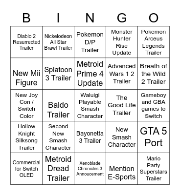 Nintendo Switch Bingo Card