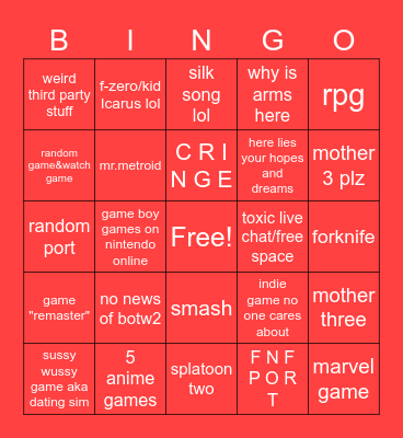 Nitedo Diredo Bingo Card