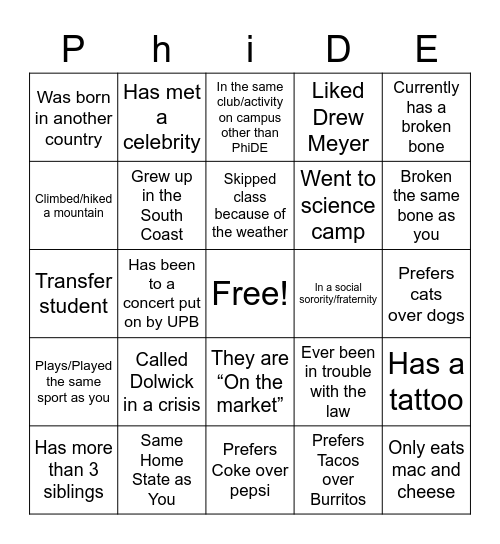 PhiDE Member Bingo Card