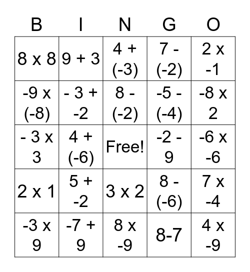 Integers Bingo Card