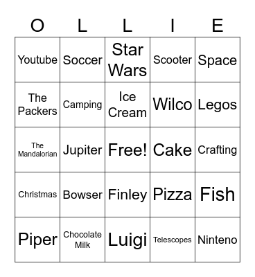 Oliver's Favorite Things Bingo Card