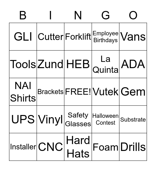 NAI Signage Solutions Bingo Card