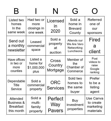 Realtors & Friends Luncheon Bingo Card
