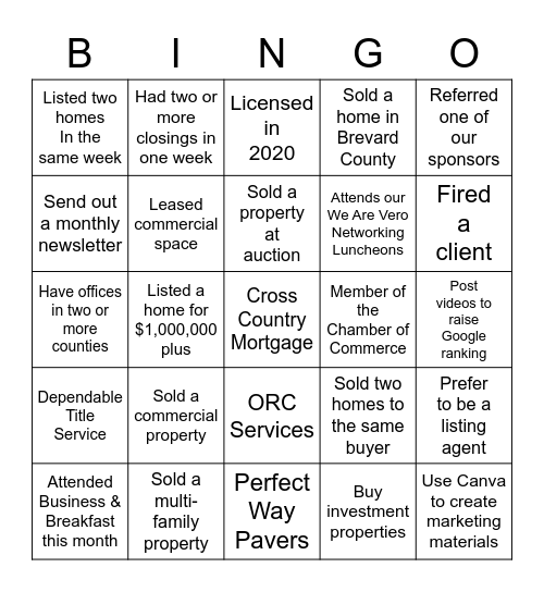 Realtors & Friends Luncheon Bingo Card