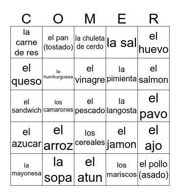 Carne/Pescado/Otras Comidas Bingo Card
