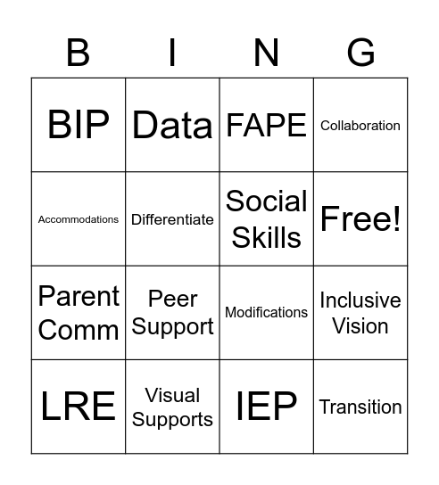 Inclusive Education Bingo Card