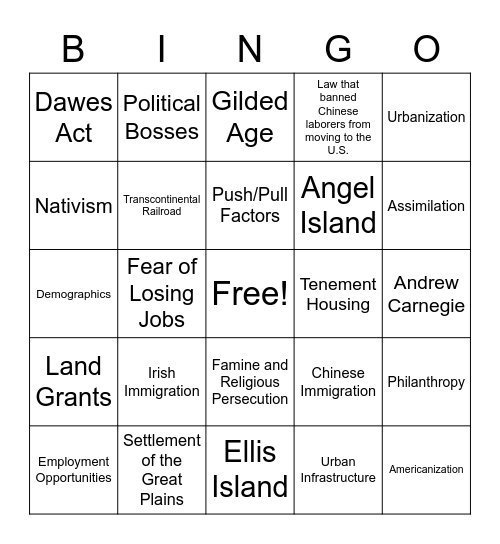 Social Issues of the Gilded Age Bingo Card