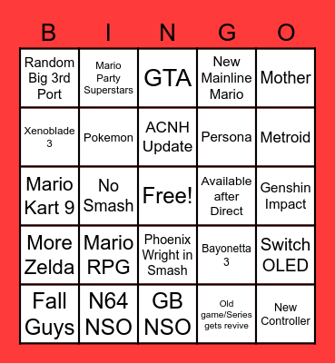 Nintendo Direct Bingo Card Bingo Card