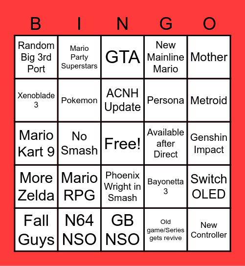 Nintendo Direct Bingo Card Bingo Card