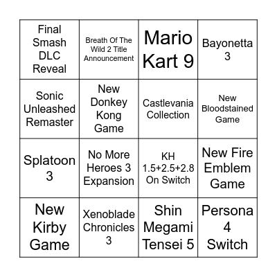 Nintendo Direct Bingo Card