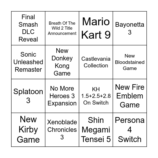 Nintendo Direct Bingo Card