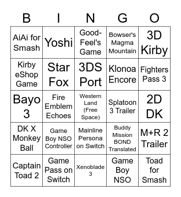 Nintendo Direct 9.23.21 Bingo Card