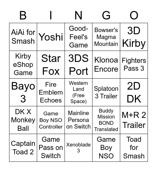 Nintendo Direct 9.23.21 Bingo Card