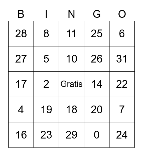 numeros 0-31 Bingo Card