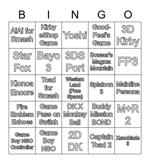 Nintendo Direct 9.23.21 Bingo Card