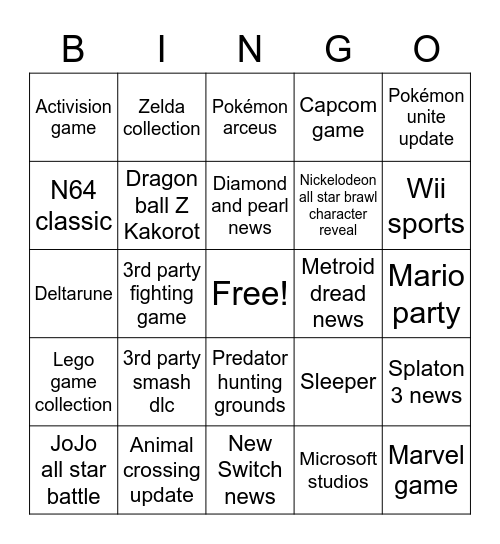 Alex’s Nintendo Direct Prediction Bingo Card