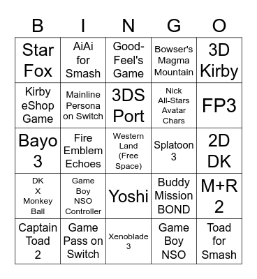 Nintendo Direct 9.23.21 Bingo Card